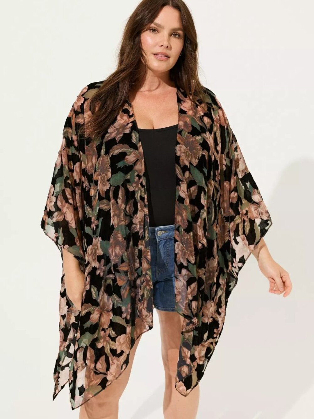 NWT - Torrid One Size Velvet Burnout Ruana Multi Floral Green & Pink on Black